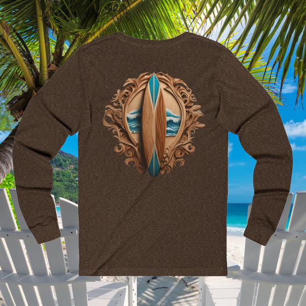 Custom Waverider Coffee Company Wood Surfboard Art Logo Designed Jersey Long Sleeve Tee